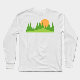 Green mountains layer with orange sun in the background Long Sleeve T-Shirt